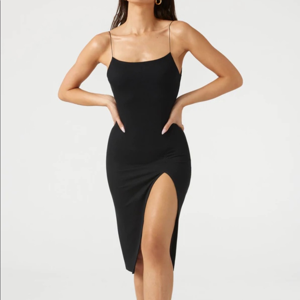 JOAH BROWN Strappy Slit Dress in Black Rib in S/M